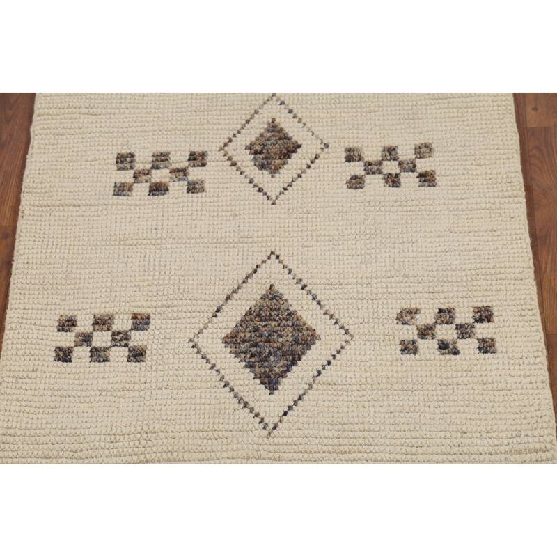 Ivory Geometric Moroccan Modern Accent Rug Handmade Wool Carpet - 2'11"x 5'5"