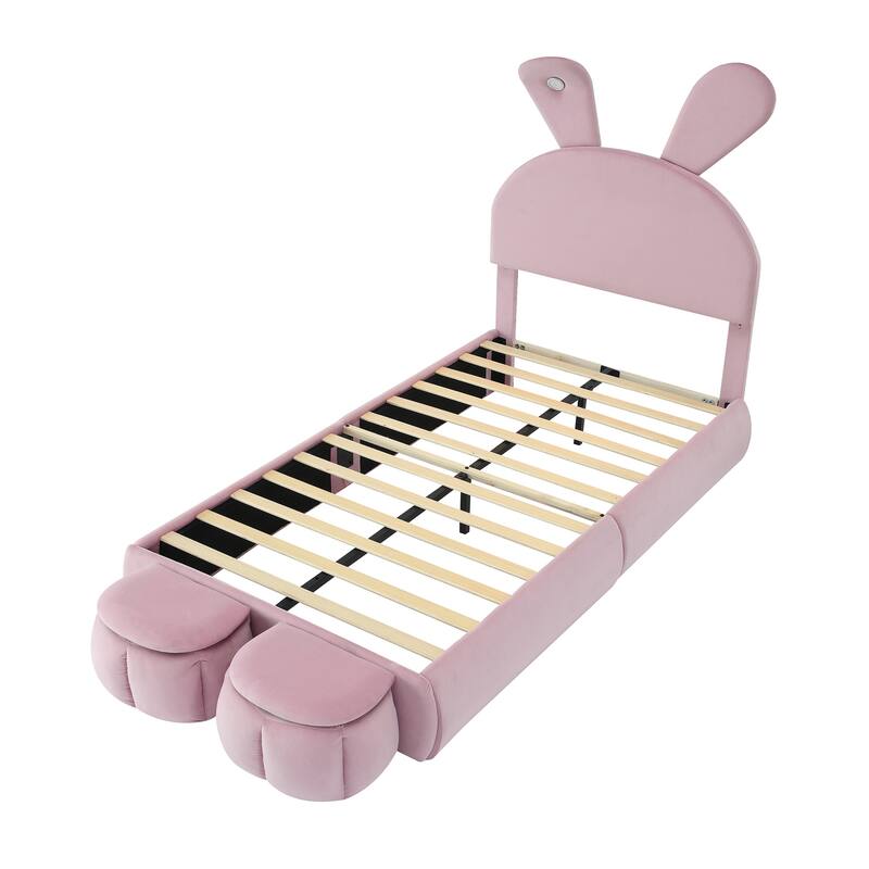 Twin Size Upholstered Platform Bed with Cartoon Ears Headboard and LED Light, Pink