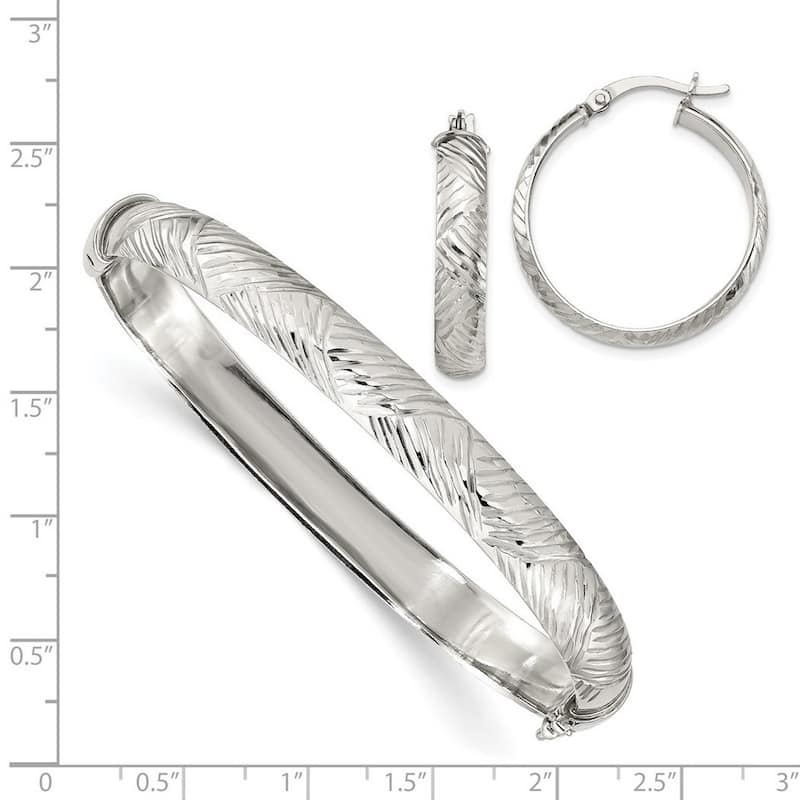 Curata 925 Sterling Silver 7.5mm Diamond-cut Bangle Bracelet 5mm Hoop Earrings Set