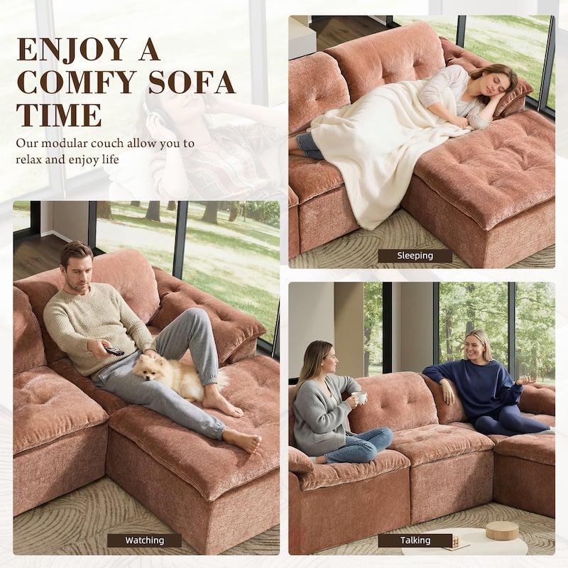 Rossetta L-Shaped Modular Chenille Cushioned Extreme Comfort Sofa with Detachable Backrest and Armrests, 1 Removable Ottoman