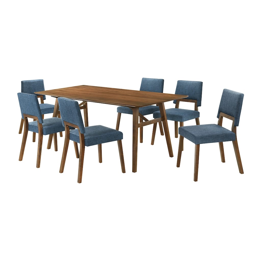 Yumi 7 Piece Dining Table Set with 6 Chairs, Blue Fabric, Wood Brown