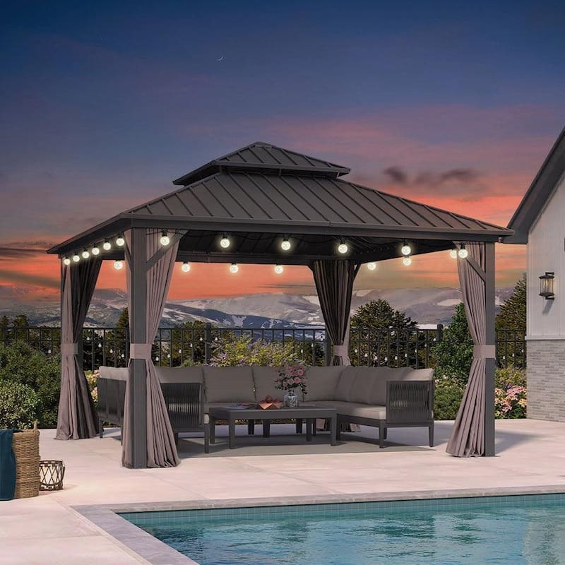 PURPLE LEAF Gazebo Outdoor Gazebo with Dual-Layer Galvanized Steel Double Roof Aluminum Gazebo with Netting and Curtains Grey - 12' x 12' - With light