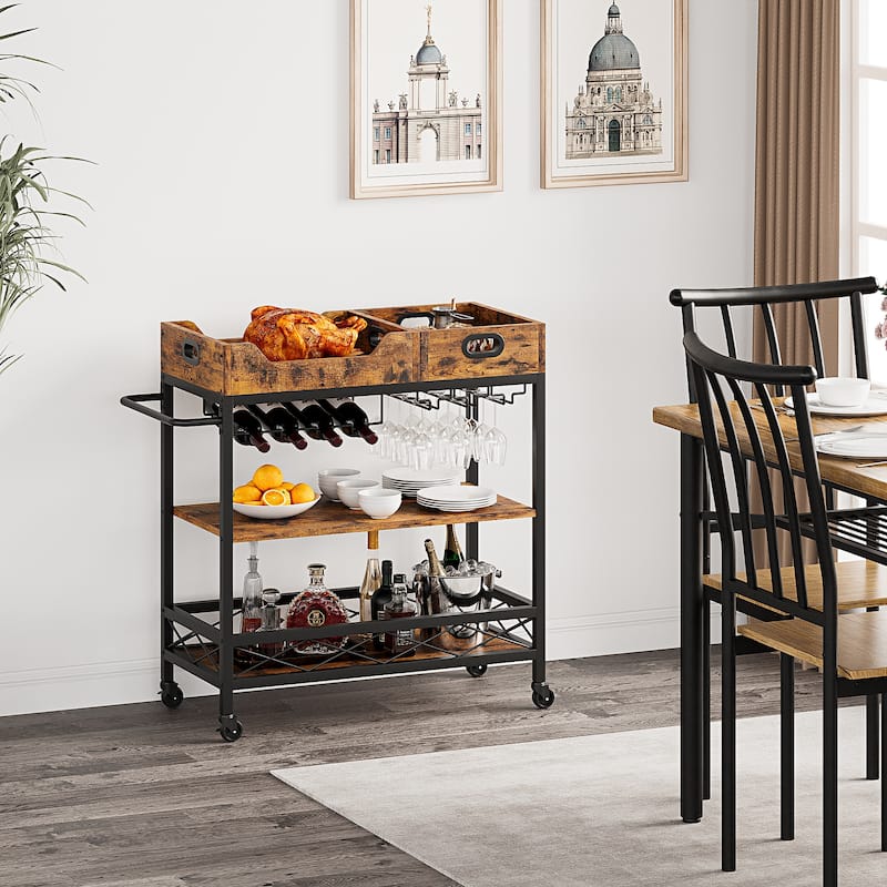 Bar Cart, 3 Tier Bar Carts for The Home,Grey Bar Cart with Wheels, Two Portable Trays, Wine Rack, Glasses Holder