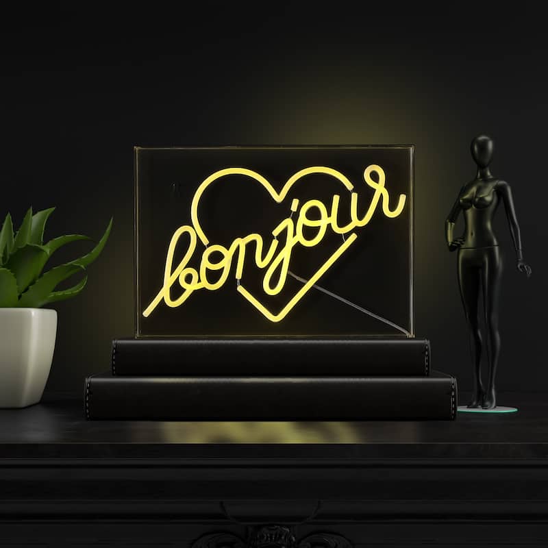 Bonjour Heart 15" X 10.3" Contemporary Glam Acrylic Box USB Operated LED Neon Light, Yellow by JONATHAN Y - 15" X 10.3"