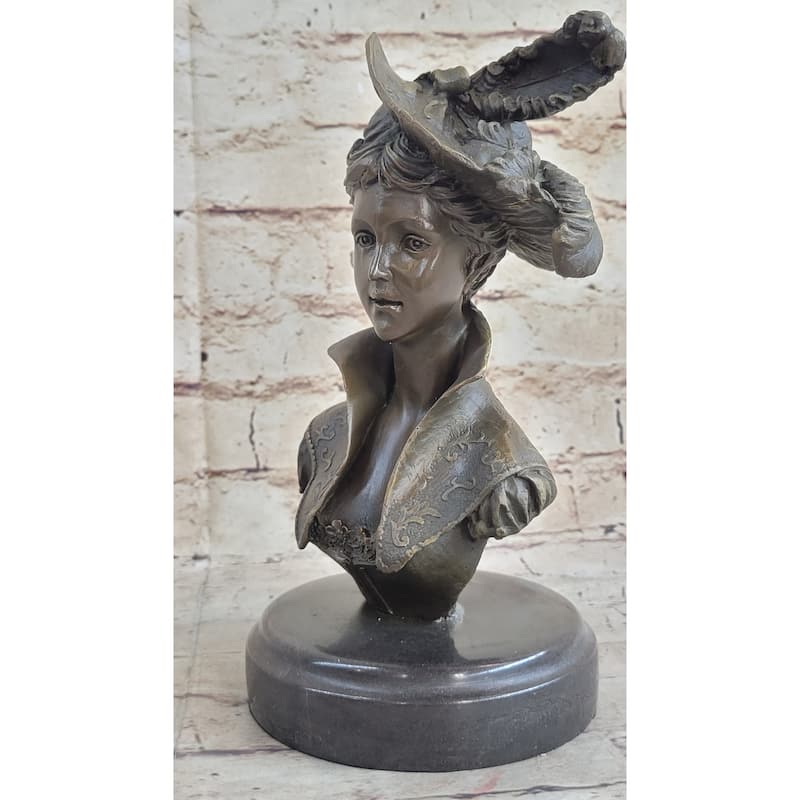 Elegant Girl With Dress Hat Bronze Sculpture Statue Art Deco Marble Base Figure