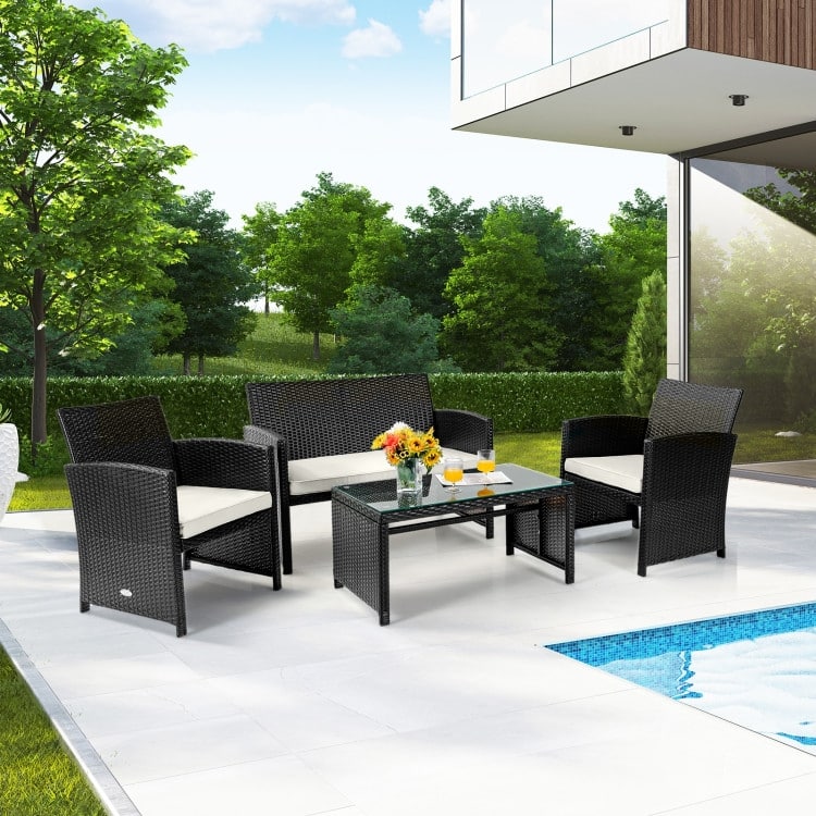 4Pcs Patio Rattan Cushioned Furniture Set - 43.5" x 25" x 31" (L x W x H)