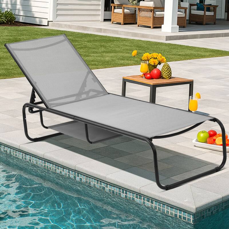 Outdoor Lounge Chair Chaise Recliner Back Adjustable Garden Deck - Grey