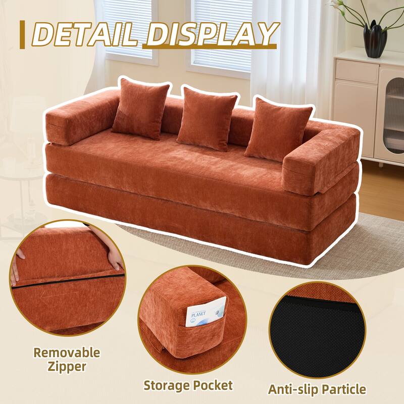 6-in-1 Folding Memory Foam Sleeper Sofa Bed Chenille Floor Chaise Lounge Couch with Side Pocket, Removable & Washable Cover