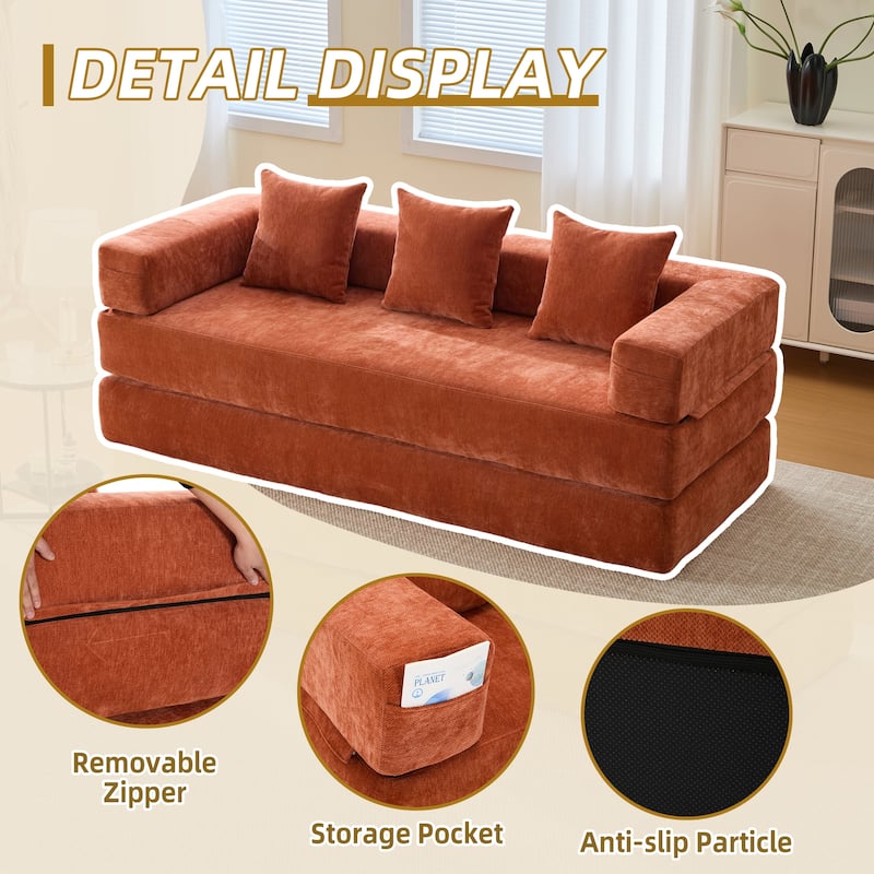 HOMEFUN Chenille Upholstered Convertible Foldable Memory Foam Sleeper Sofa with Pillows for Living Room