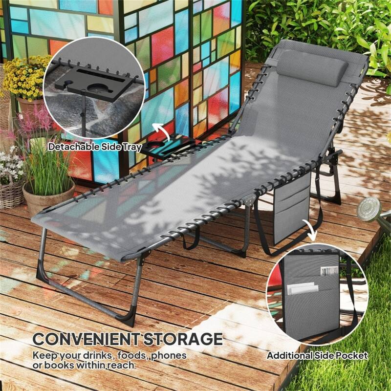 Adjustable Reclining Sun Lounger with Side Tray Pocket and Padded Head Pillow Foldable Steel Frame Oxford Fabric