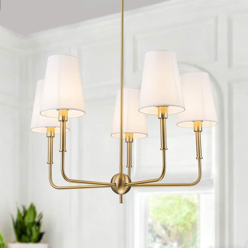 Starsky 5-Light Classic Traditional Chandelier with White Fabric Shades - Gold