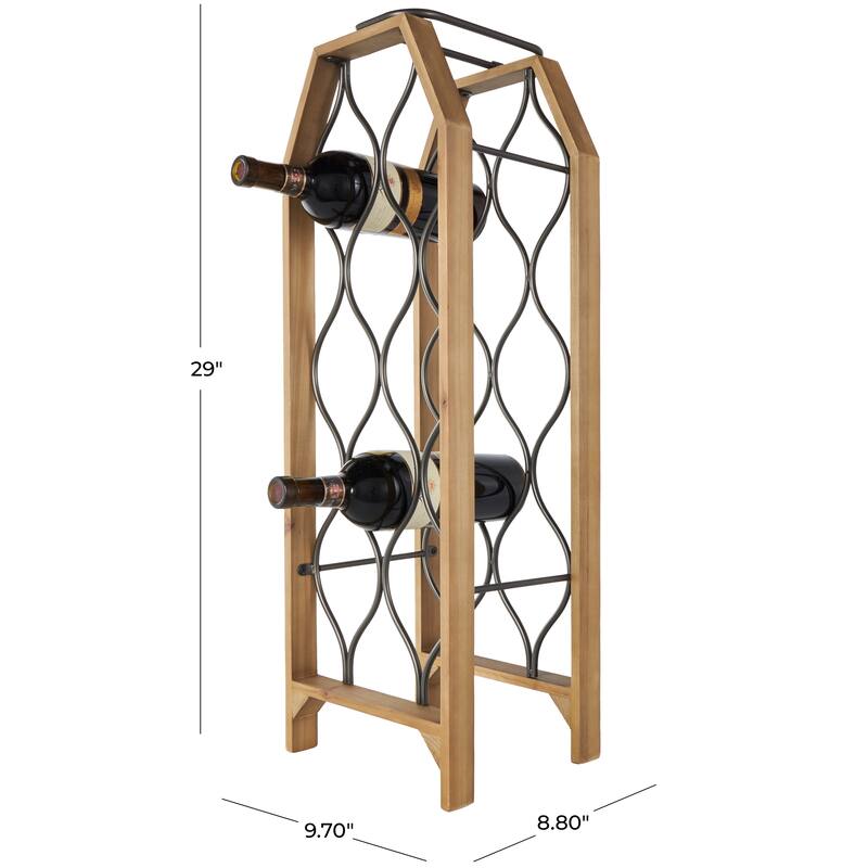 Brown Wood 11 or 8 Slot Geometric Wine Rack with Gray Metal Curved teardrop or Hexagon Holders