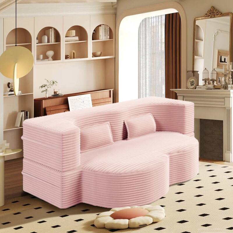 Modern 78" Full Size Convertible Corduroy Foam-Filled Sleeper Sofa,Modern Floor Sofa with 2 Pillows
