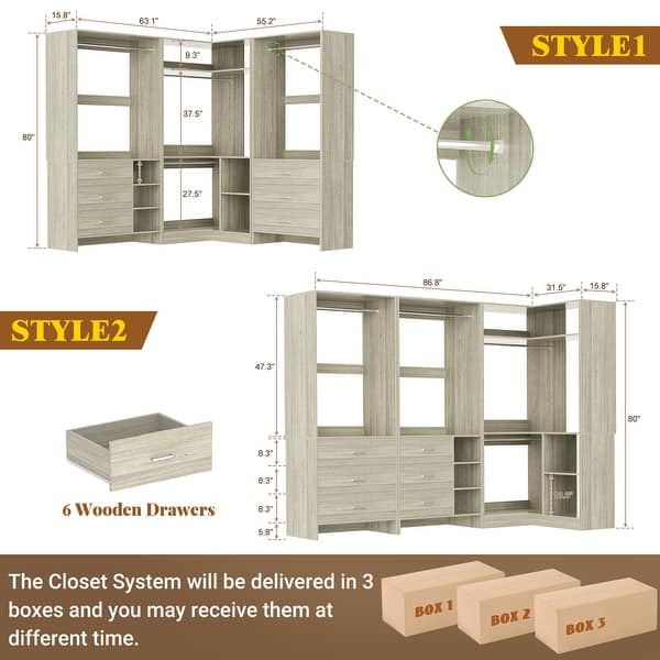 dimension image slide 1 of 19, Cimly Set of 3 Freestanding Corner Closet System, Space-saving Closet Organizer for Walk-in/ Reach-in Closet