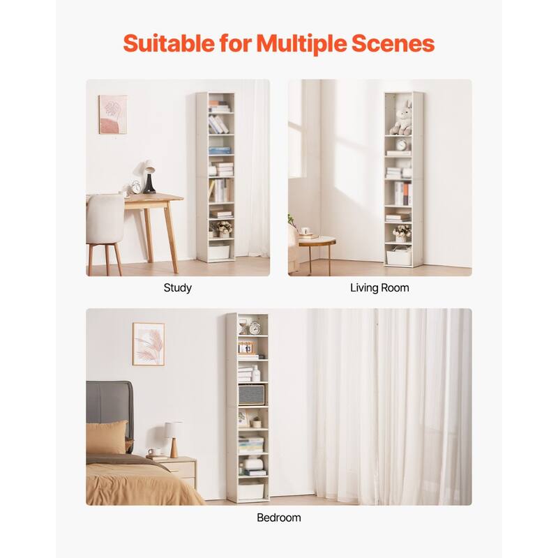 71" White Wooden Narrow Bookshelf with Height Adjustable Shelf and Open Bookcase - 13.0 x 11.8 x 70.9 in