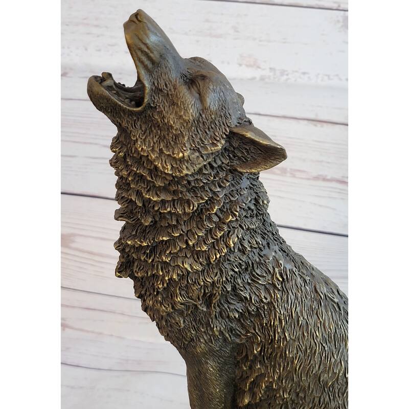 Lost Wax Bronze Casting Of Howling Wolf On Marble Base By Milo
