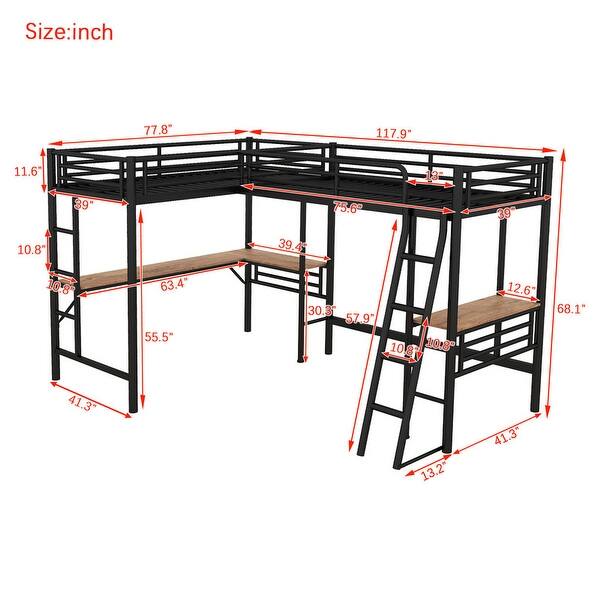 2 Beds in 1 Design Twin Size Metal L-shaped Loft Bed with Two Built-in Desks