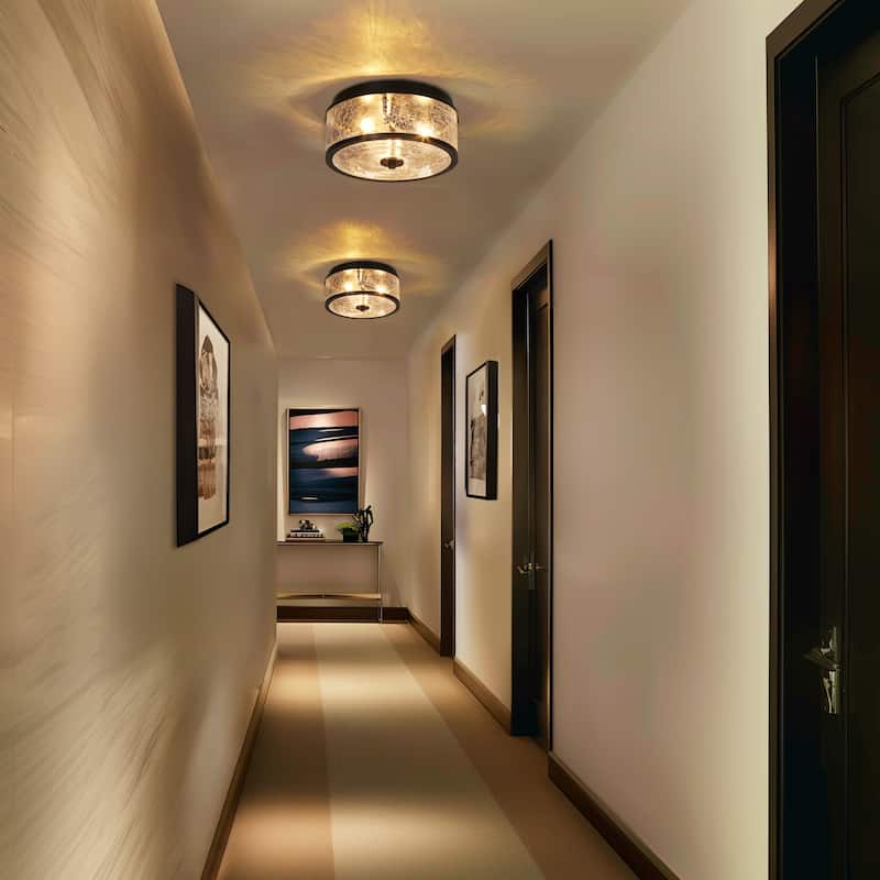 3-Light Modern Farmhouse Black Gold Drum Flush Mount Ceiling Light with Glass Shade - D12"×H6"