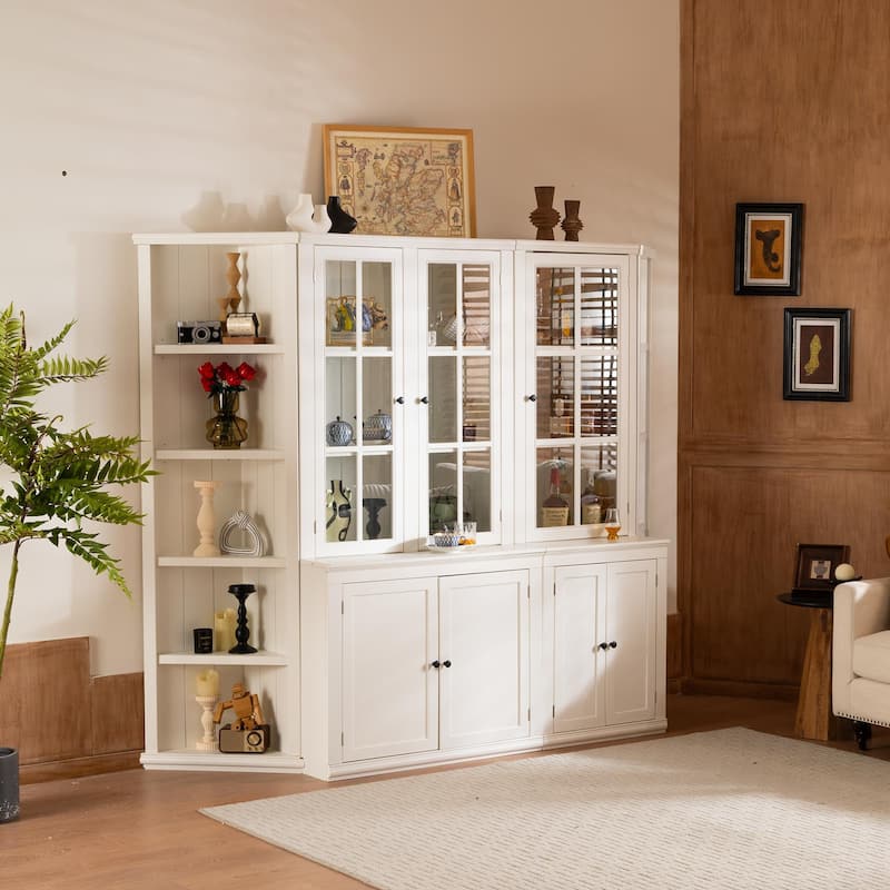 Roomfitters 75.25'' Display Cabinet with Glass Doors and Two Triangle Bookshelves, Retro Wall Storage Unit for Living Room - Double Doors + Right-hand Door