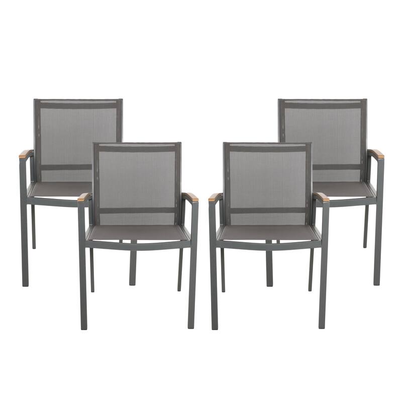 Luton Aluminum Outdoor Dining Chairs with Faux Wood Accents by Christopher Knight Home - Gray + Outdoor Mesh
