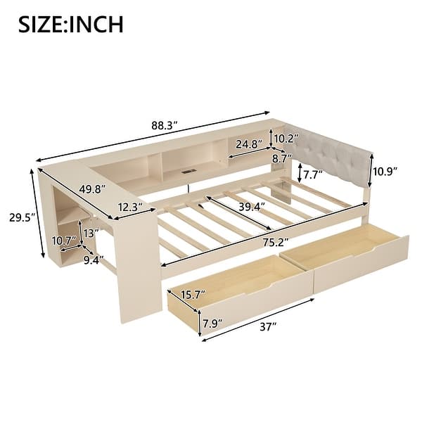 dimension image slide 1 of 2, Twin Size Wood Platform Bed with Storage Shelves, Drawers, Charging Station and Upholstered Headboard, Cream