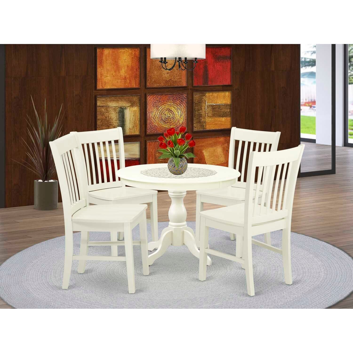 HomeStock 5-Piece Linen White Finish Solid Wood Top Dining table with 4 Chairs with Slat Back