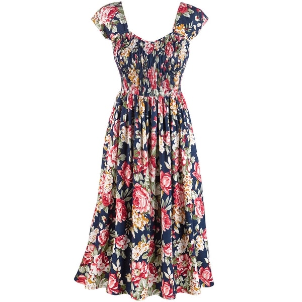 Women's Blooming Roses Print Sundress - Cap Sleeves - 48' Long