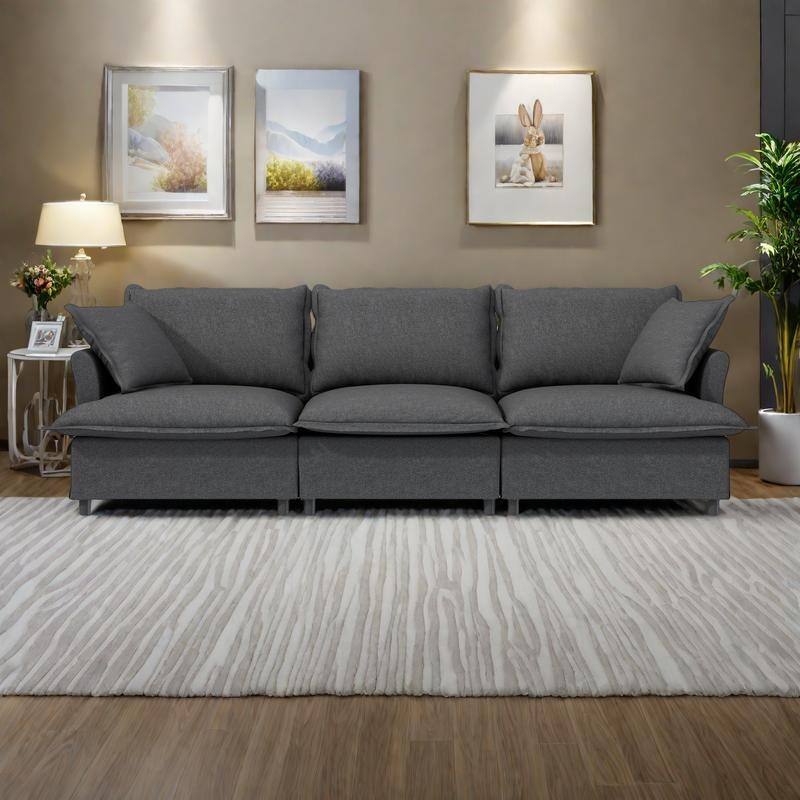 94" Chenille 3-Seater Sofa Modular Sectional with Pocket Springs & 2 Throw Pillows - Gray
