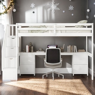 Twin Loft Bed with Built-in Desk and Double Storage Drawers, White