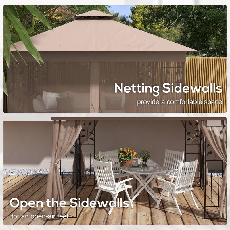 Outsunny 10' x 11.5' Metal Patio Gazebo, Double Roof Outdoor Gazebo Canopy Shelter with Tree Motifs Corner Frame and Netting