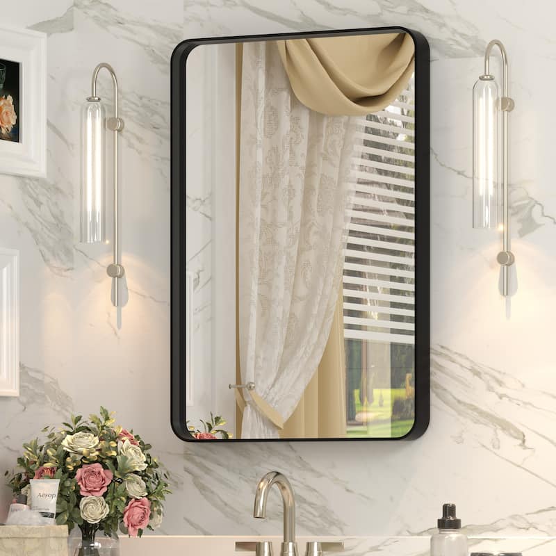 Aluminum Alloy Framed French Cleat Mounted Tempered Glass Wall Vanity Mirror - 24" x 16" - Black