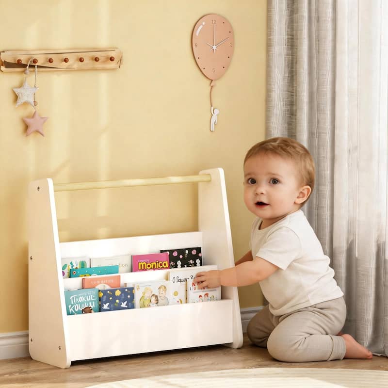 Kids Bookshelf with Wooden Handle, 2-Tier Front-Facing Toddler Bookcase, Portable Children's Book Storage Organizer for Bedroom