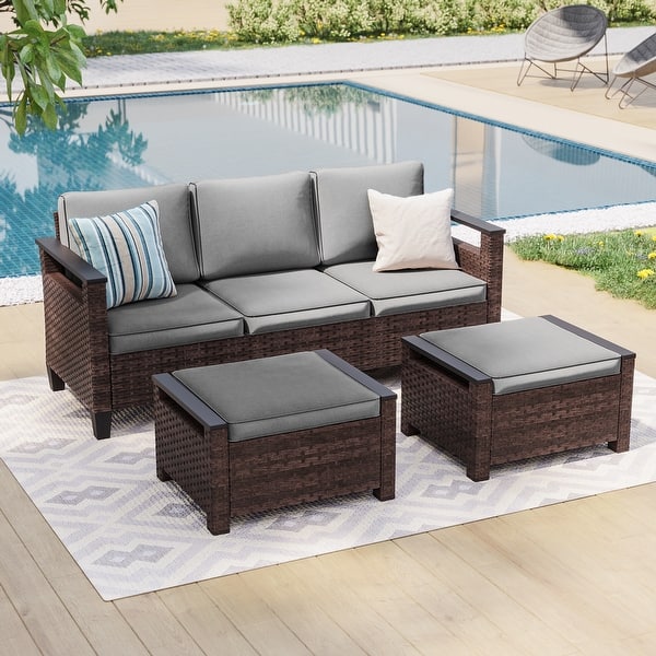 slide 2 of 29, Bonosuki 3 Pieces Patio Sofa with Ottomans, All-Weather PE Rattan Wicker Sofa Small Patio Conversation Couch with Cushion, Brown Gray