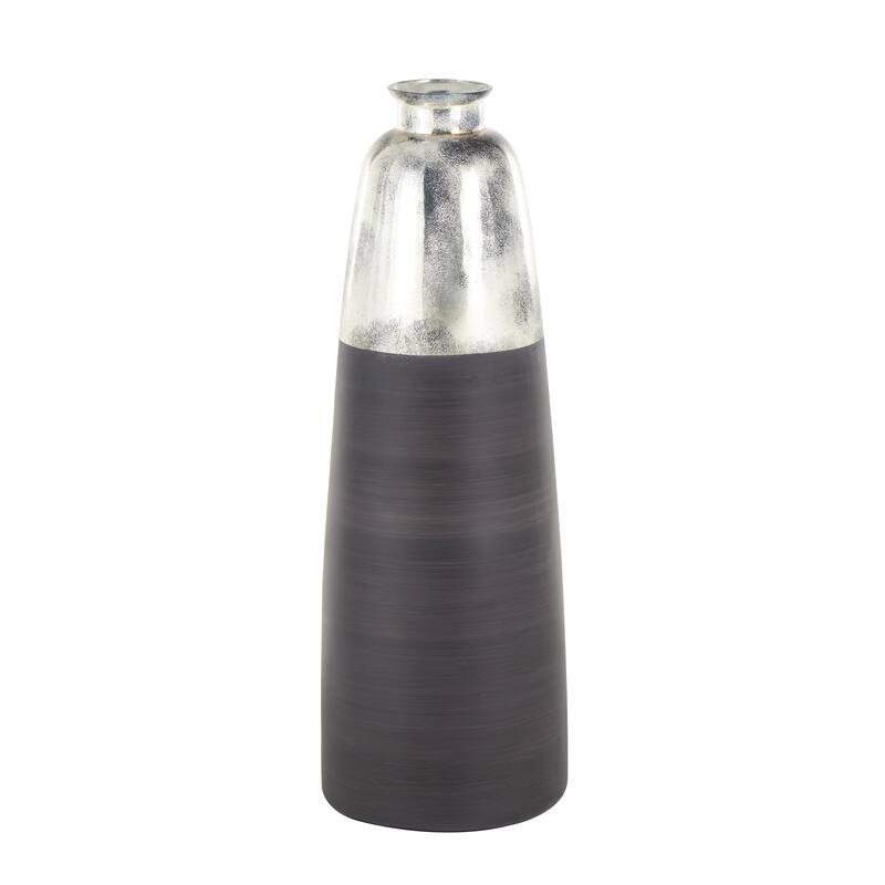 Black Glass Tall Brushed Two-Toned Floor Decorative Vase with Textured Silver Top