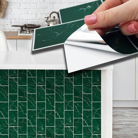 Walplus Green Marble Metro Flat Peel and Stick Backsplash Tile Stickers