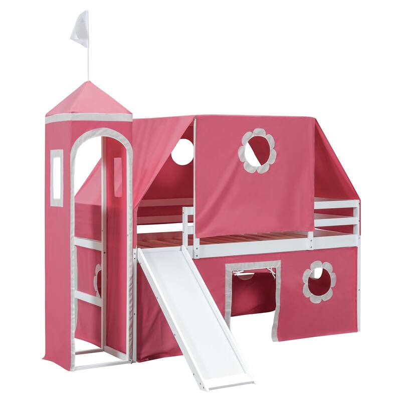 Full Size Loft Bed with Castle Tower, Slide, and Play Tent, Solid Pine Wood Construction with Spacious Under-Bed Play Area