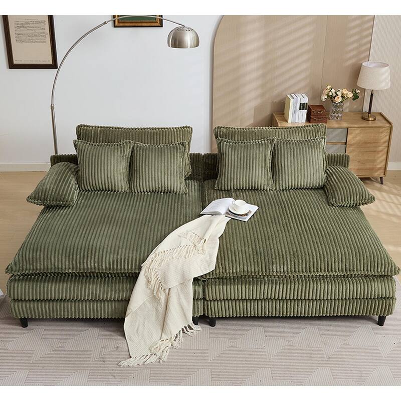 Oversized Corduroy Chaise Lounge Chair, Adjustable 4-Gear Reclining Sleeper Sofa Bed, Living Room Deep Seat Leisure Sofa Chair - Green - 2 Piece