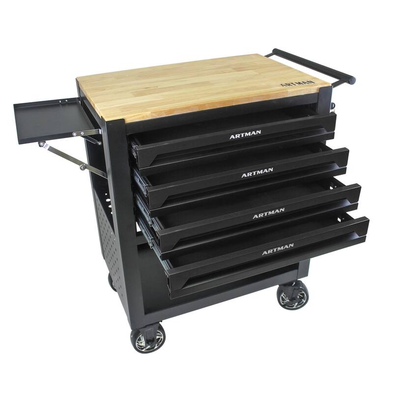 4 Drawers Multifunctional Tool Cart with Wheels and Wooden Top Multiple Uses - Home office or garage