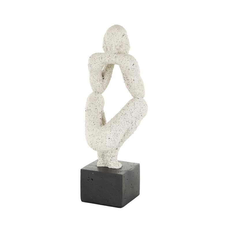 Cream Polystone Crouching People Decorative Sculpture with Black Square Base