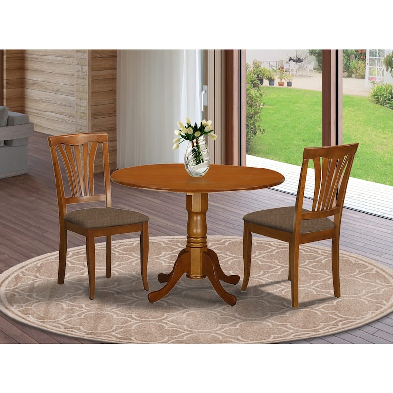 Dining Set - 3 Piece Table & Chair Set - Round Dropleaf Table - Saddle Brown - Linen Fabric Chairs