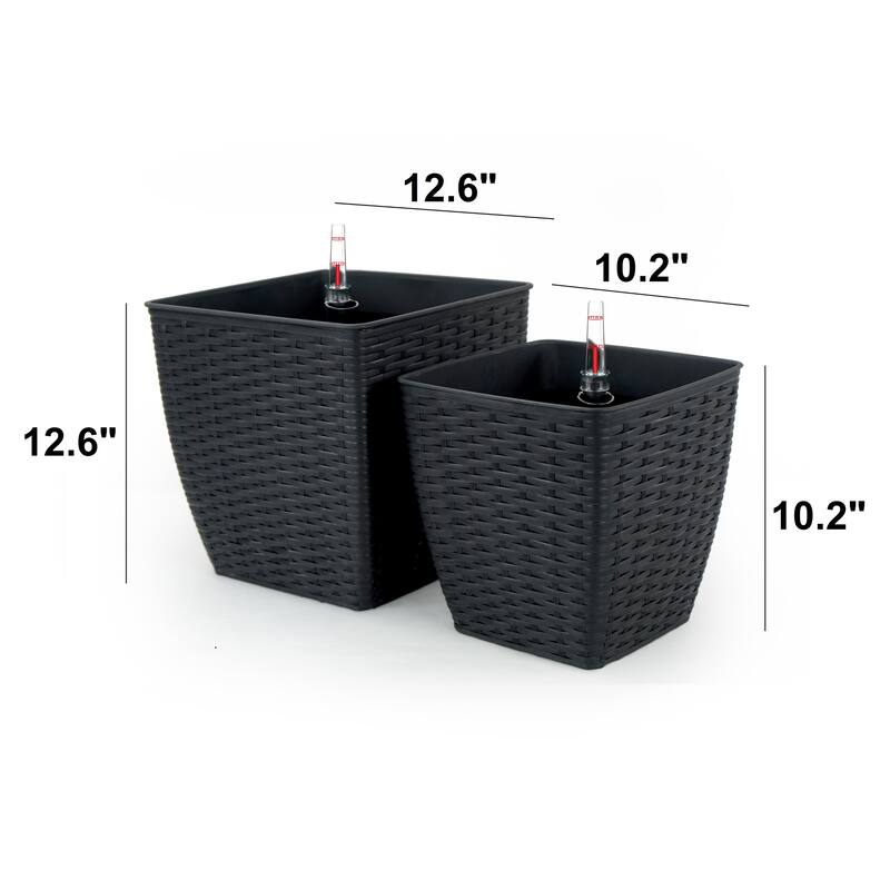 GDFStudio - Farmhouse 2-Piece Indoor/Outdoor Wicker Smart Self-Watering Thin Square Planter Pots with Water Level Indicator