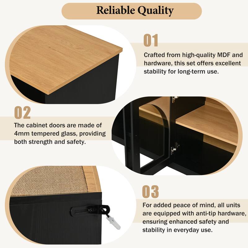 3-Piece Entertainment Center with Bookshelves for TVs up to 70", Retro Wall Unit TV Stand with Glass Doors, Media Console Table