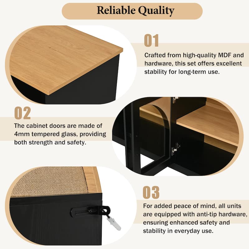 3-Piece TV Stand Set with Bookshelf for TVs Up to 70", Wood Grain Entertainment Center with Arched Design, Tempered Glass Doors