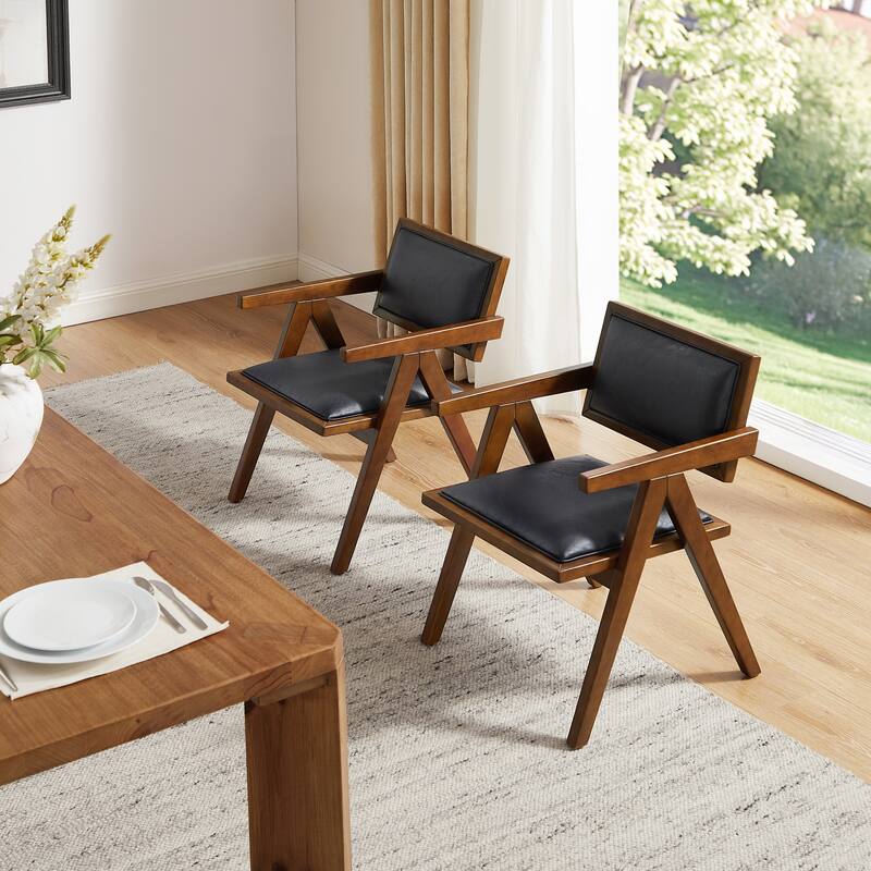 Art Leon Set of 2 Wood and Upholstered Accent Dining Chair with Wooden Armrest