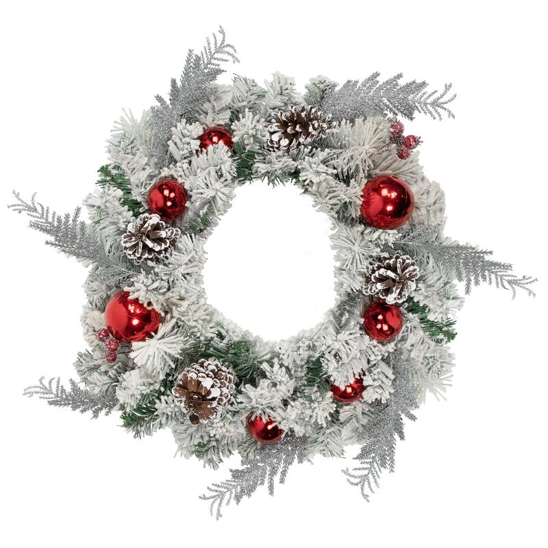 Flocked Pine Red Ornaments Artificial Christmas Wreath 24 Inch Unlit