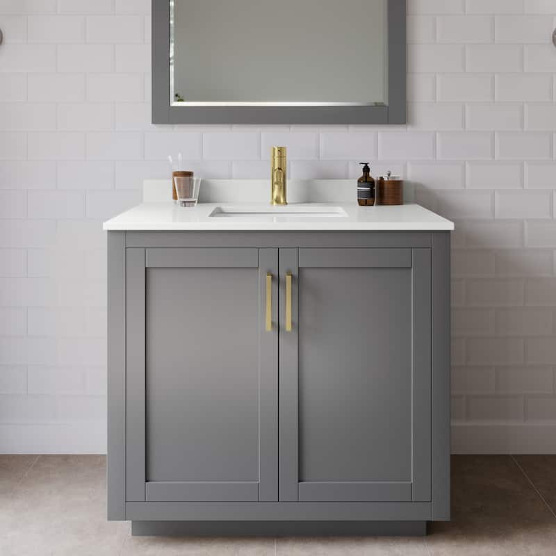 Wyndham Collection WCF292936S-QTZ-UNSM34 Miranda 36" Free Standing - Dark Gray / White Quartz Top / Brushed Gold