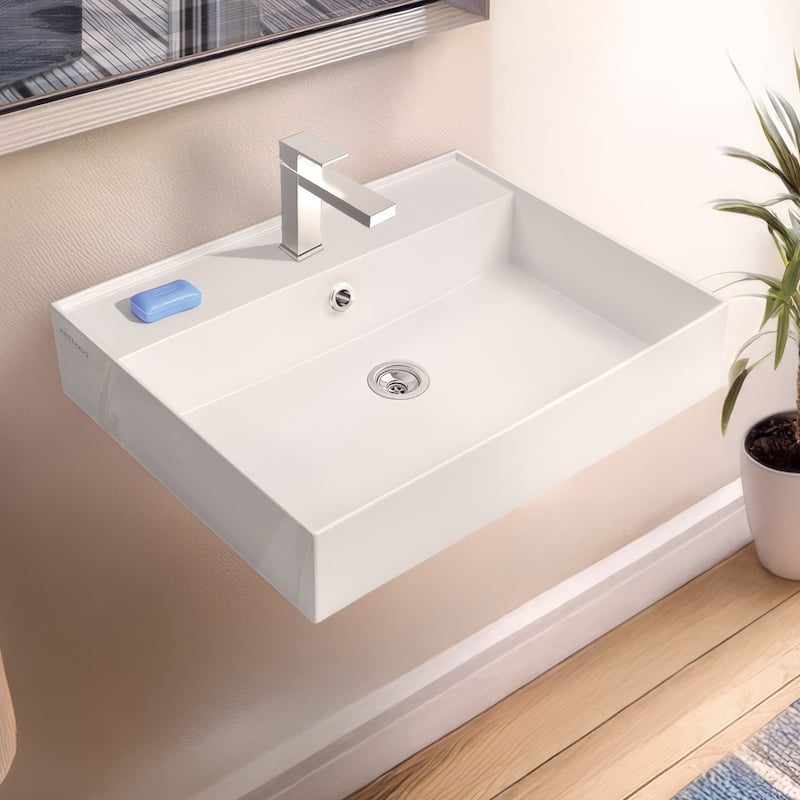 Rectangular Wall Mount Basin with Faucet Drilling Options and Overflow - 24" - White - 1 Hole