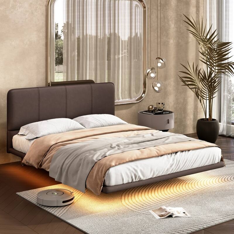 Modern PU Leather Platform Floating Bed with LED Light - Coffee - Queen