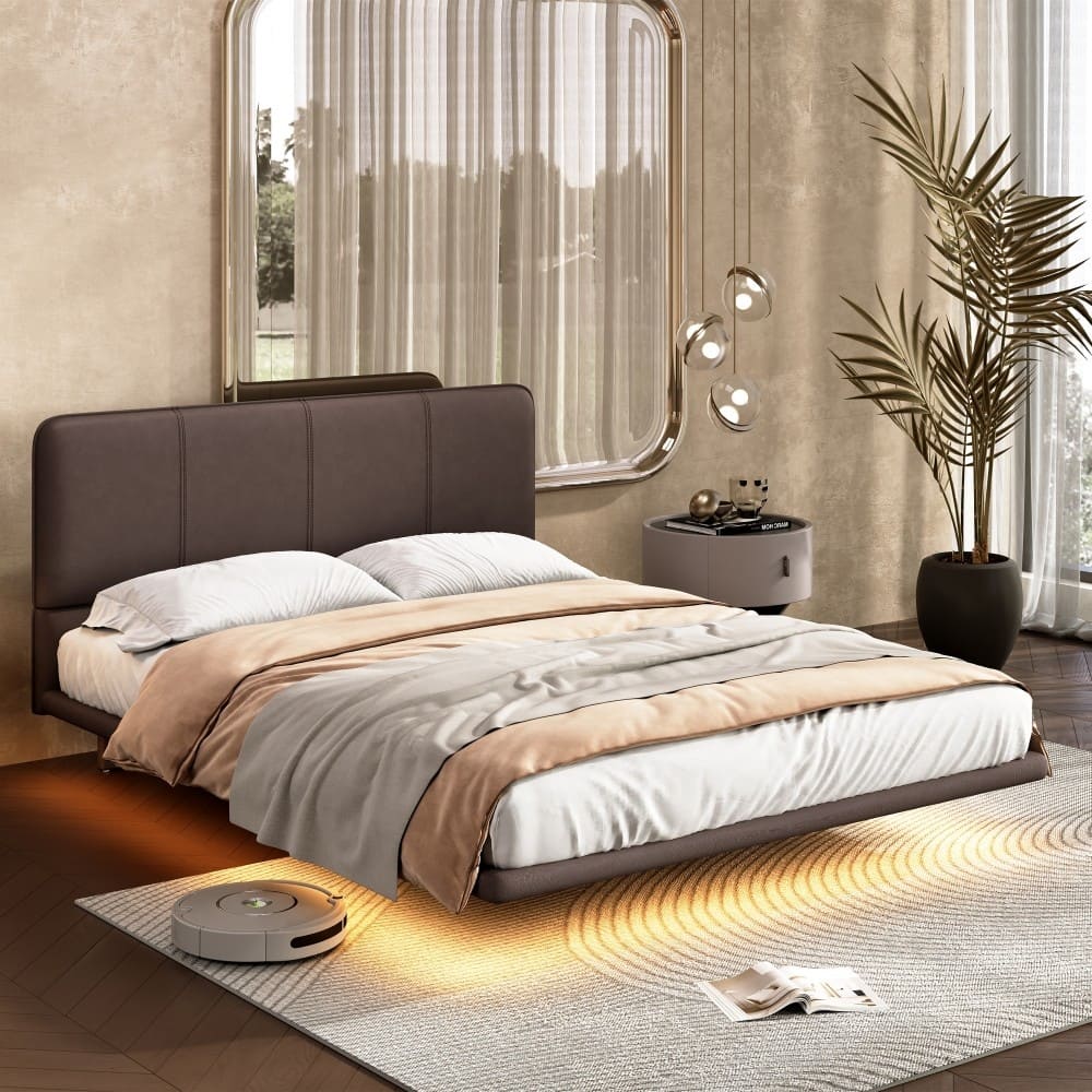 Modern PU Leather Platform Floating Bed with LED Light