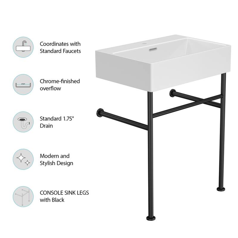 24" Console Sink for Bathroom with Overflow, White Ceramic Basin, Black Metal Legs, Includes Drain Kit